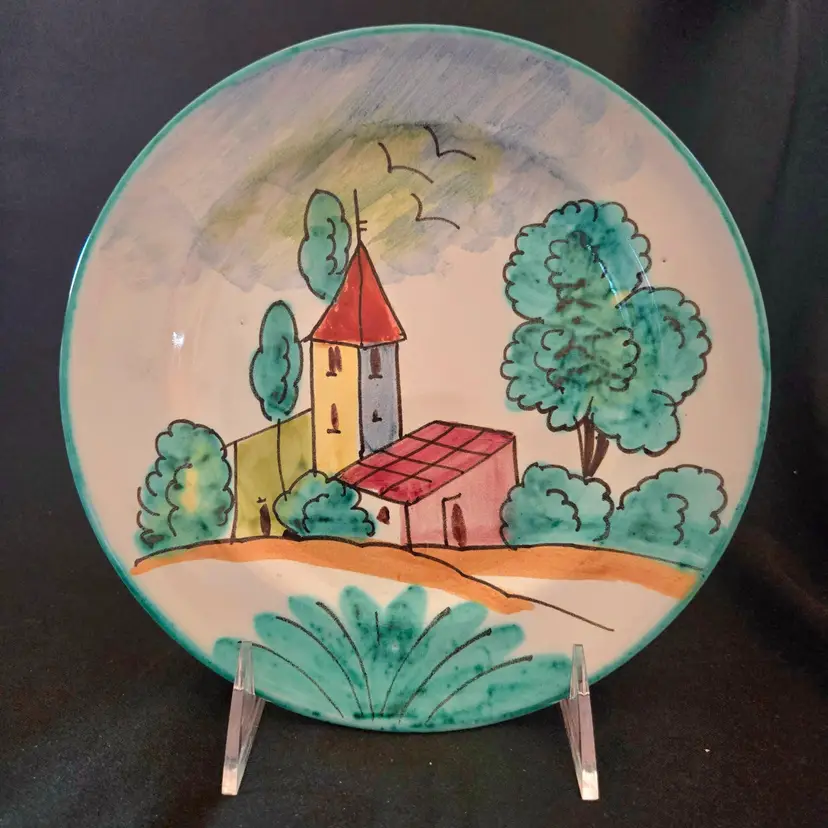 Studio Art Ceramic Italian Plate Hand Painted Decorative Initial Signed 8¼" Diameter