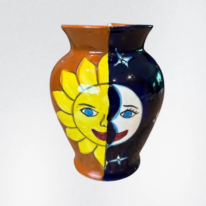 Talavera Sun & Moon Faces Mexican Pottery Vase Jar Celestial Eclipse