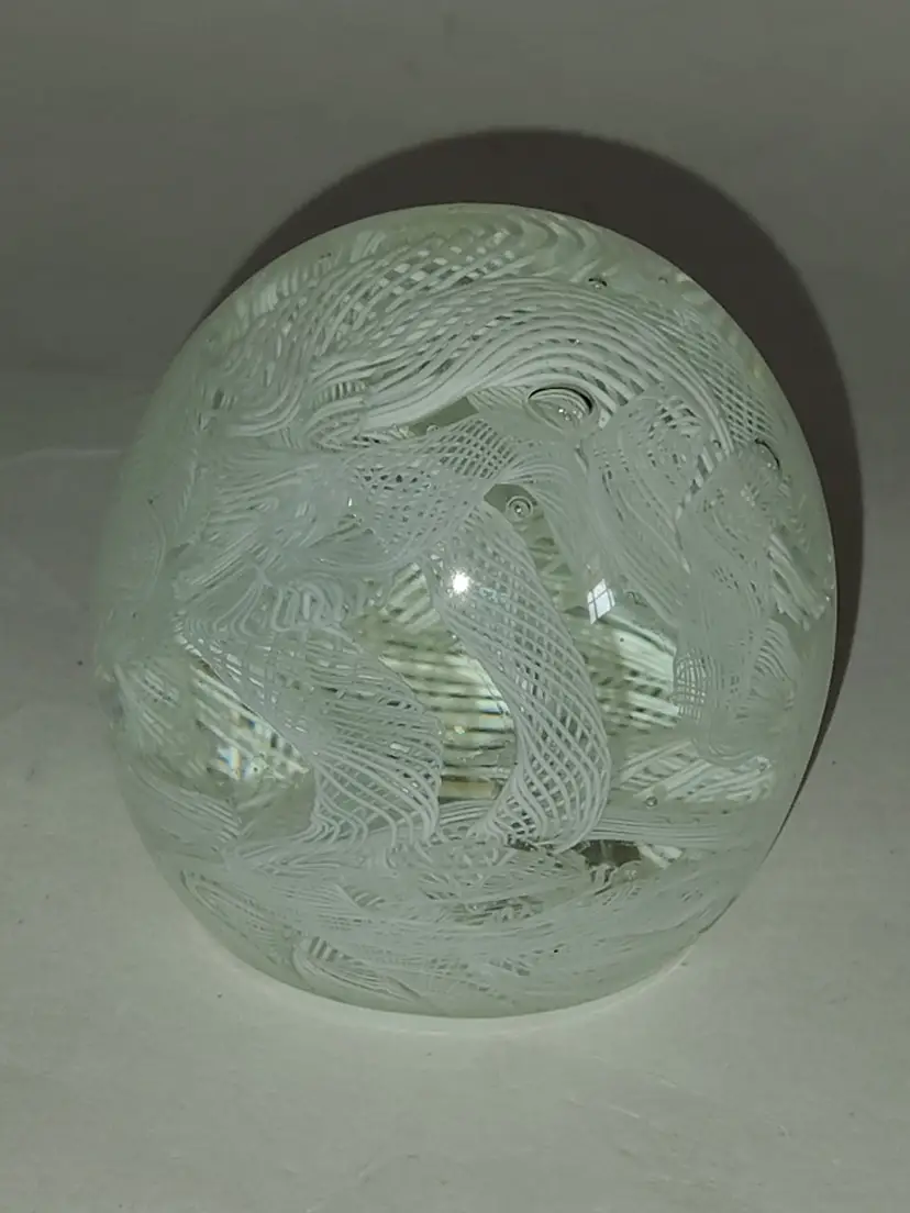 Vintage 1960s Rare Domed Egg Shape, White Filigrana Italian Murano Glass Paperweight
