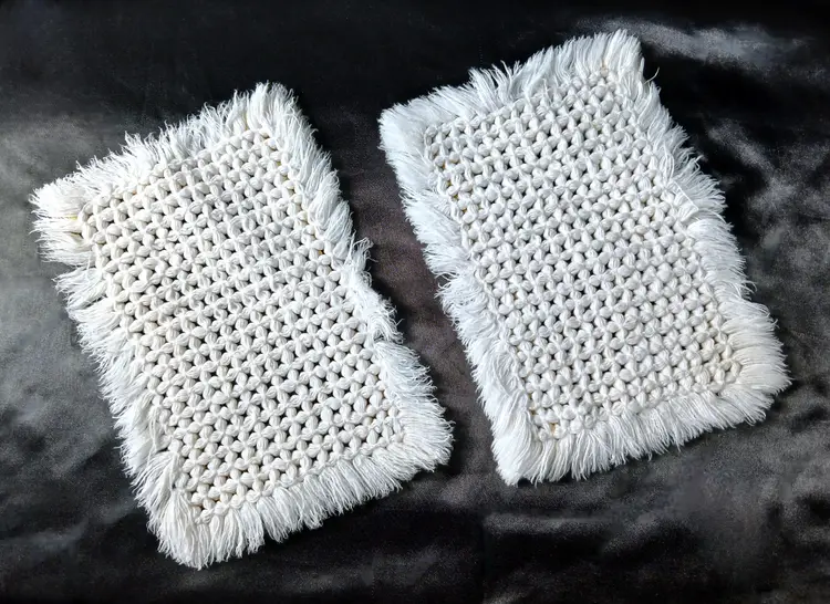 Set of 2 Vintage 1970s Handmade Yellow and White Loom Woven Trivets Hot Pads