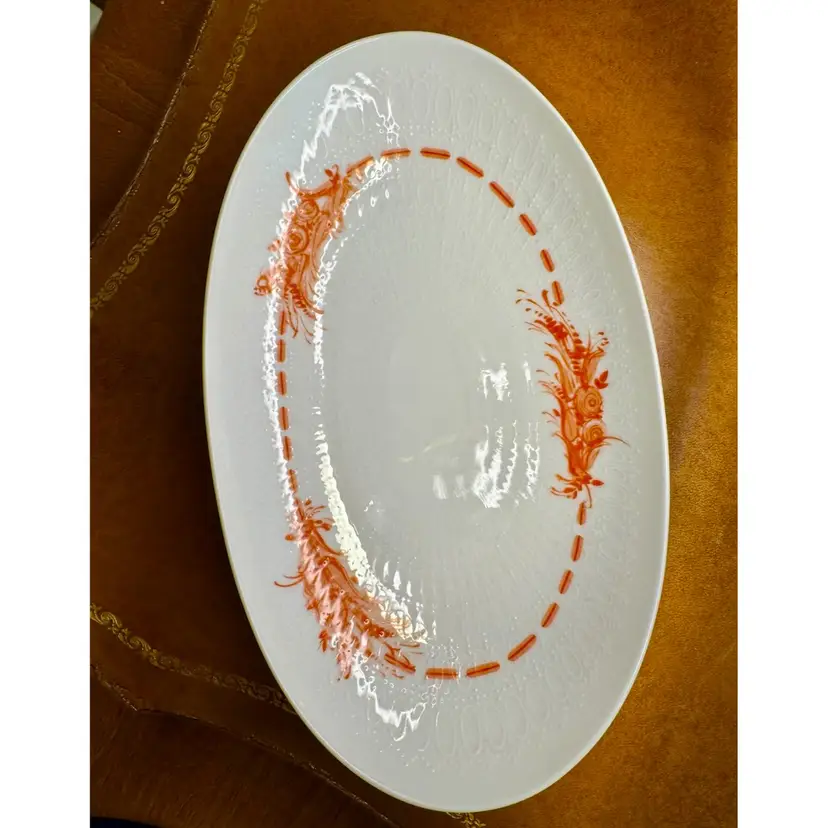 1960s Rosenthal "Flame" ceramic platter with orange flower & dash design, Germany 10” w 5.5 t