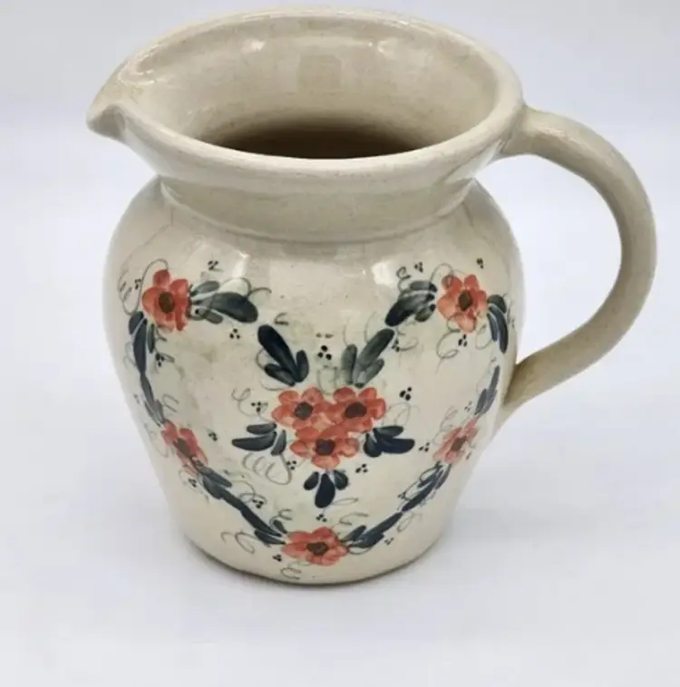 P.R. Paul Storie Pottery 6" Water Pitcher Jug Floral Heart Texas Pottery
