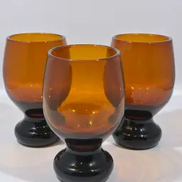 Set Of 3 Hand blown Amber Dark Brown Glass Rounded Pedestal Goblet Glasses
