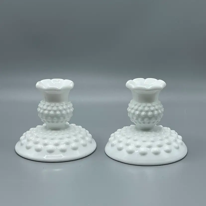 Fenton Milk Glass Hobnail Candle Holders 3-1/2”