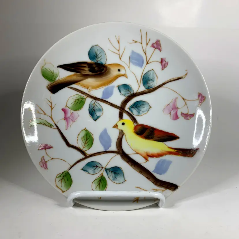 Hand Painted Decorative Birds Plate Finch Wall Hanging Cottage Core Vintage