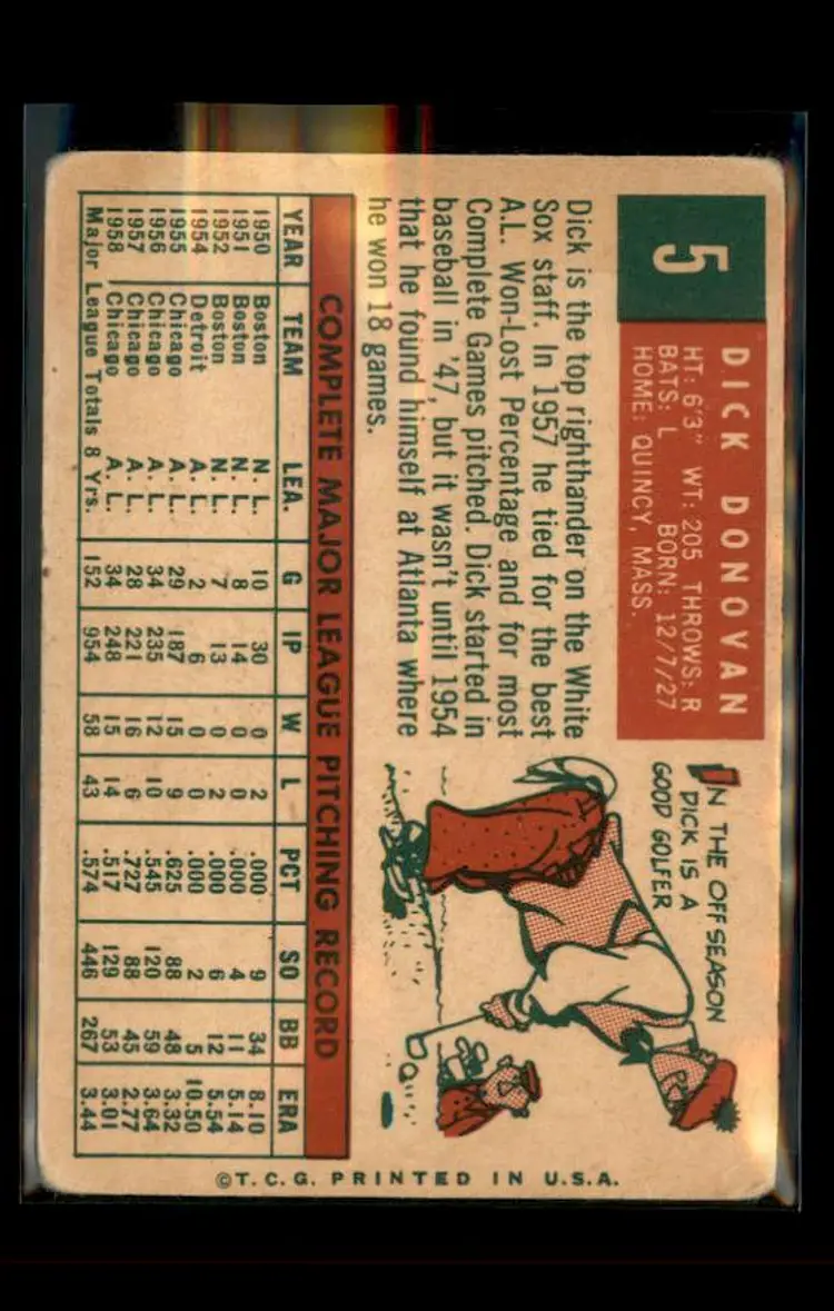 1959 Topps #5 Dick Donovan - (pk4) - Chicago White Sox