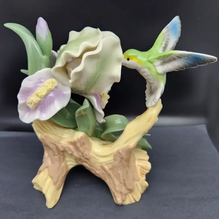 Porcelain Hummingbird and Iris Figurine, Glossy