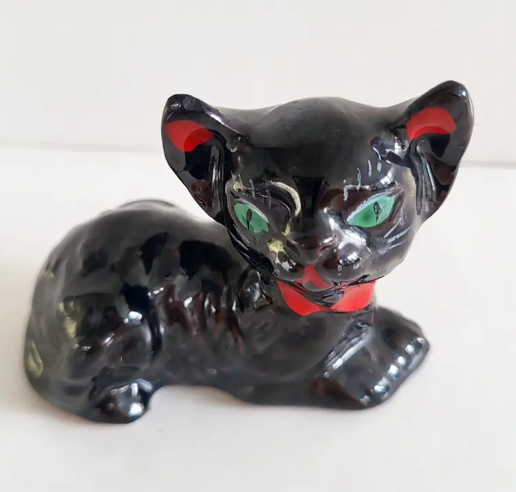 Vintage Redware Black Cat Figurine