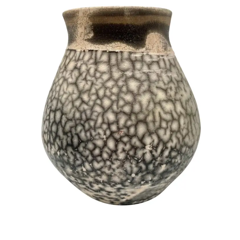 Vintage Bear Garden Mountain Pottery Raku Crackle Vase, Signed M. Dugan, Gray/Cream