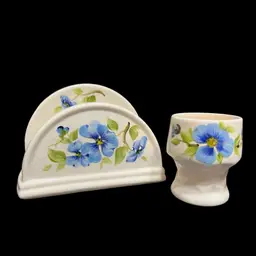 MARKDOWN! Vee Jackson California Pottery Napkin/Letter Holder And Cup Blue Flowers ~Napkin/letter Holder 5” x 7.5” x 3.75”, Cup 3.75” x 3” diameter