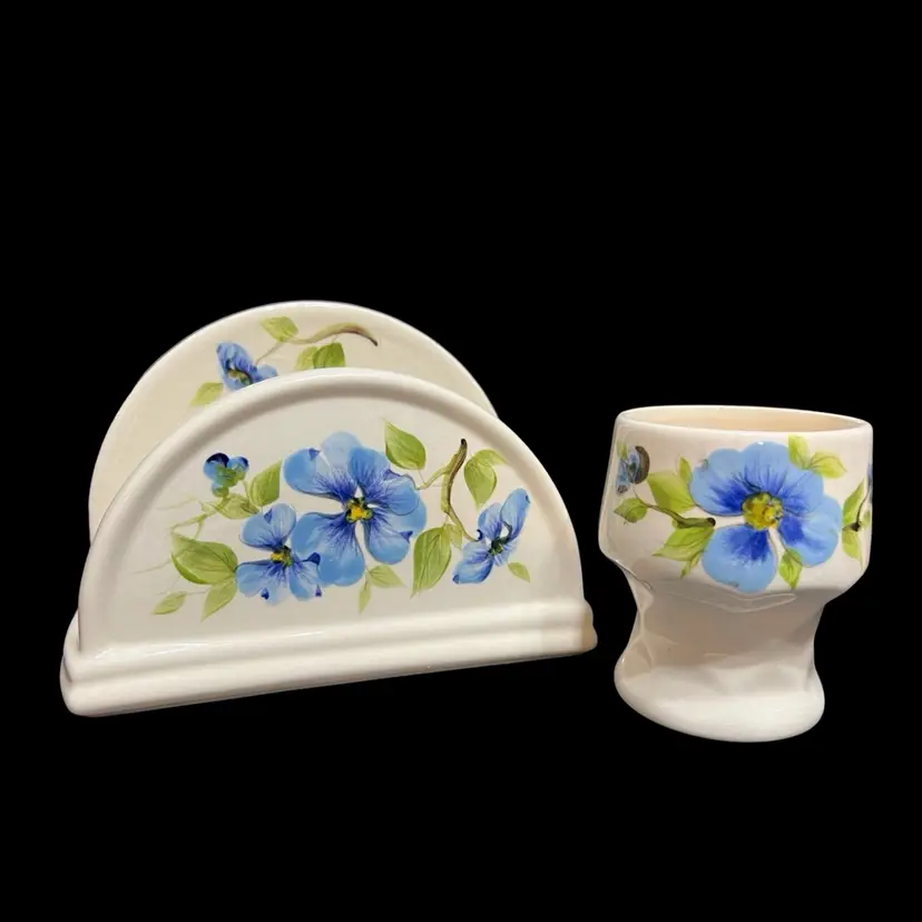 MARKDOWN! Vee Jackson California Pottery Napkin/Letter Holder And Cup Blue Flowers ~Napkin/letter Holder 5β x 7.5β x 3.75β, Cup 3.75β x 3β diameter
