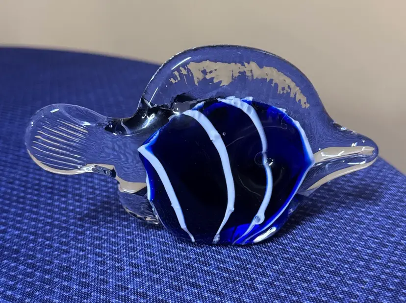 Fish Hand Blown Art Glass Cobalt Blue White Stripes 6” long