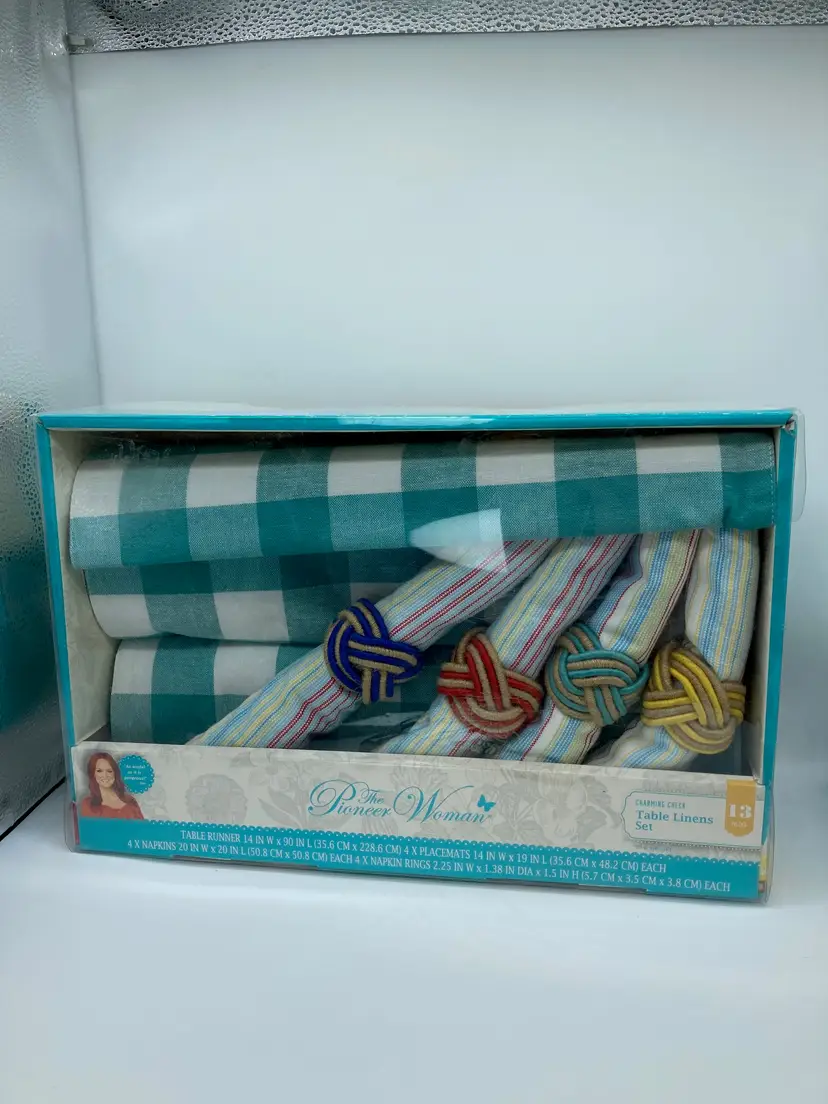 The Pioneer Woman Table Linen Set Teal White Charming Check Tablescape 13pc NEW