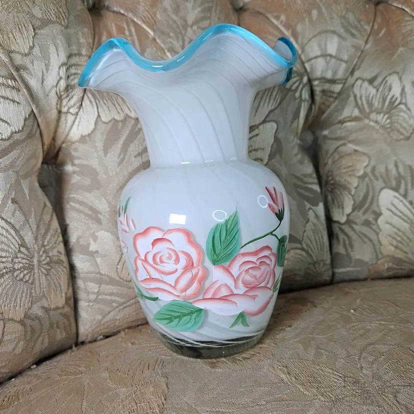 Fenton Optic Swirl Vase Blue Ruffled Rim Hand Painted Red and Pink Roses