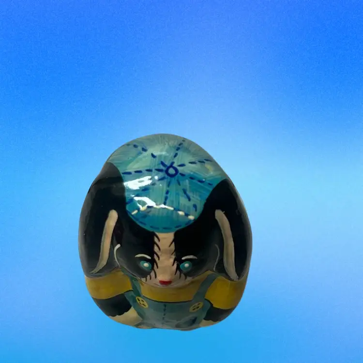 Hand Painted Large Egg Shaped Folk Art Bunny Rabbit.