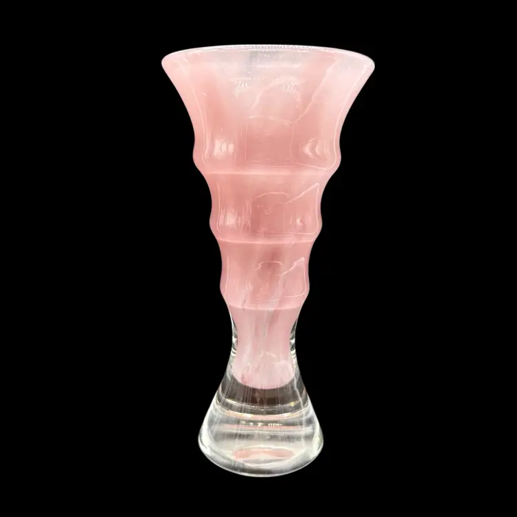 Sweden? Hand Blown Art Glass Vase Marbled Pink Flared Rim Bamboo Design