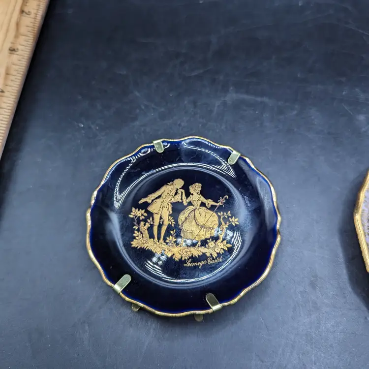 Vintage Lot of 2 Limoges Miniature Porcelain Courting Couple Plates One Cobalt Castel and One Pink and Gold.