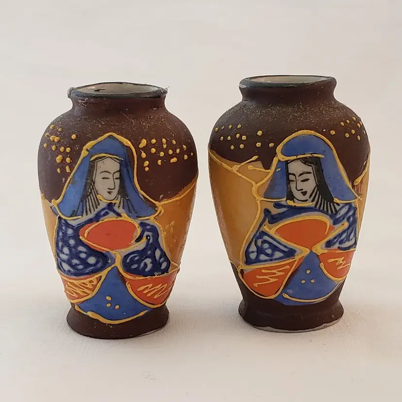 Vintage Japanese Immortals Miniature Vases Pair of Moriage Porcelain Dollhouse