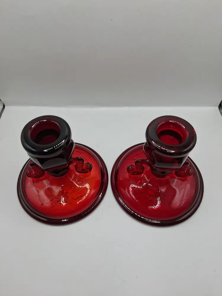 Vintage Fenton Ruby Red / Amberina Dolphin Pair of Single Taper Candlesticks