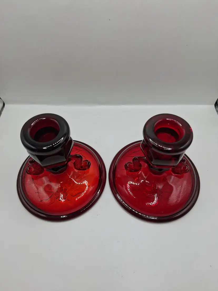 Vintage Fenton Ruby Red / Amberina Dolphin Pair of Single Taper Candlesticks