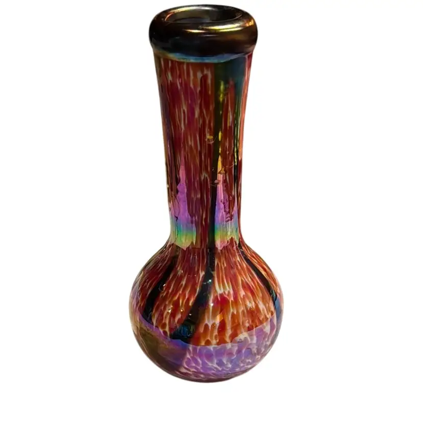 Handblown Art Glass Purple/Green Iridescent Orange / Yellow Tortoiseshell Oil Slick Cased  Vase  - 8.25”