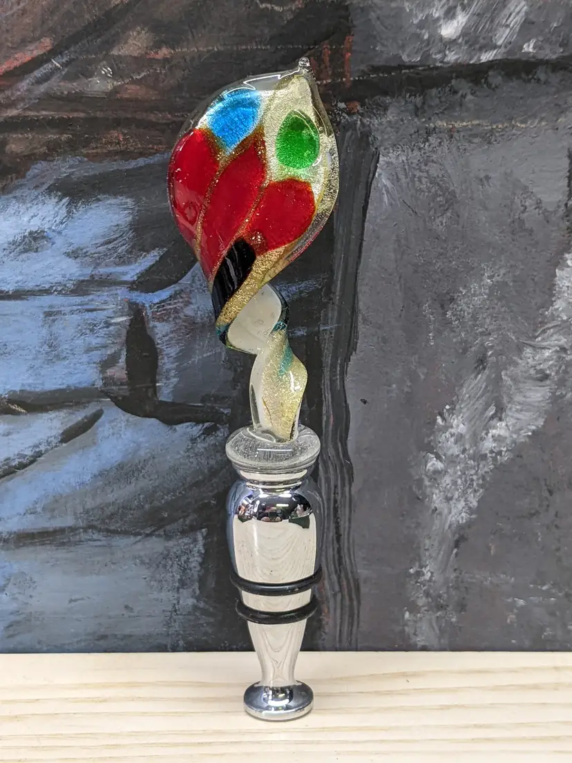 Italian  Style Art Glass Wine Stopper Metal Barware In Box Red Aqua White  Gold specks