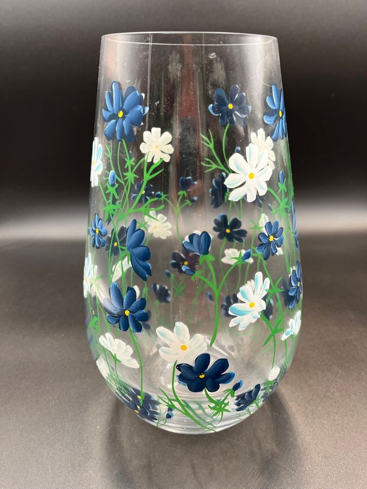 Large Hand Painted Clear Vase