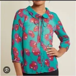 ModCloth L Twee Peter Pan Collar Top Blouse Floral Retro Print Teal Flower