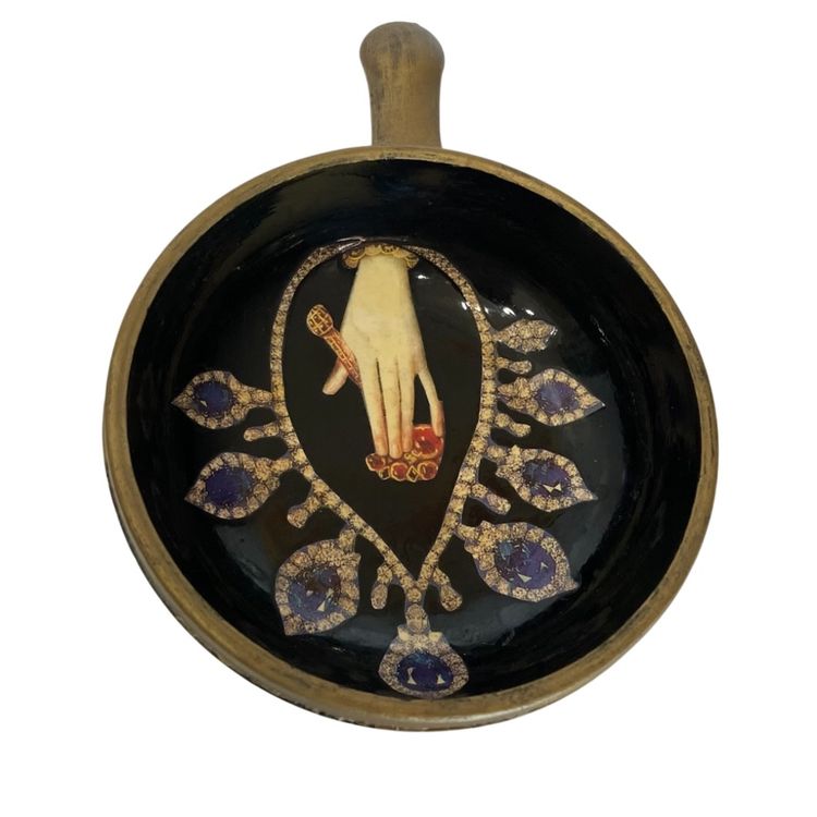 Unique Decorative Hand Painted And Decoupaged Gold And Black Ceramic Bowl Signed