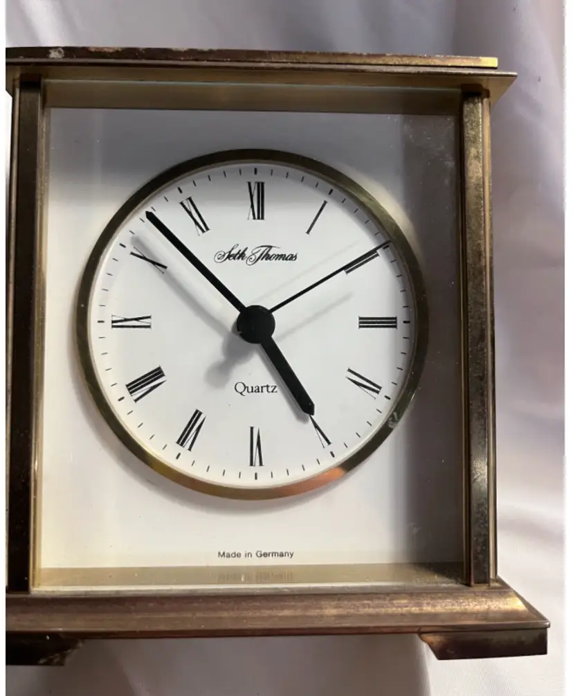 Vintage Seth Thomas WORKING  Made in Germandy Clock Brass & Glass Desk Mantel Set