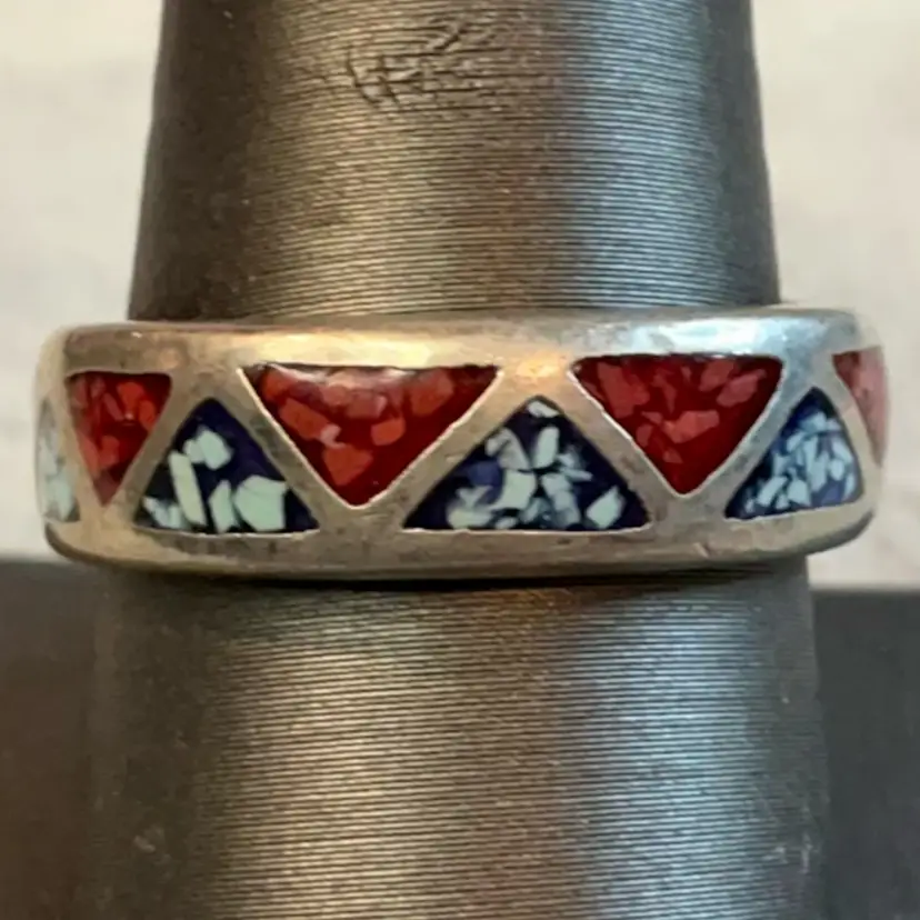 Sterling Silver Tested and confirmed Turquoise and Coral inlay ring
