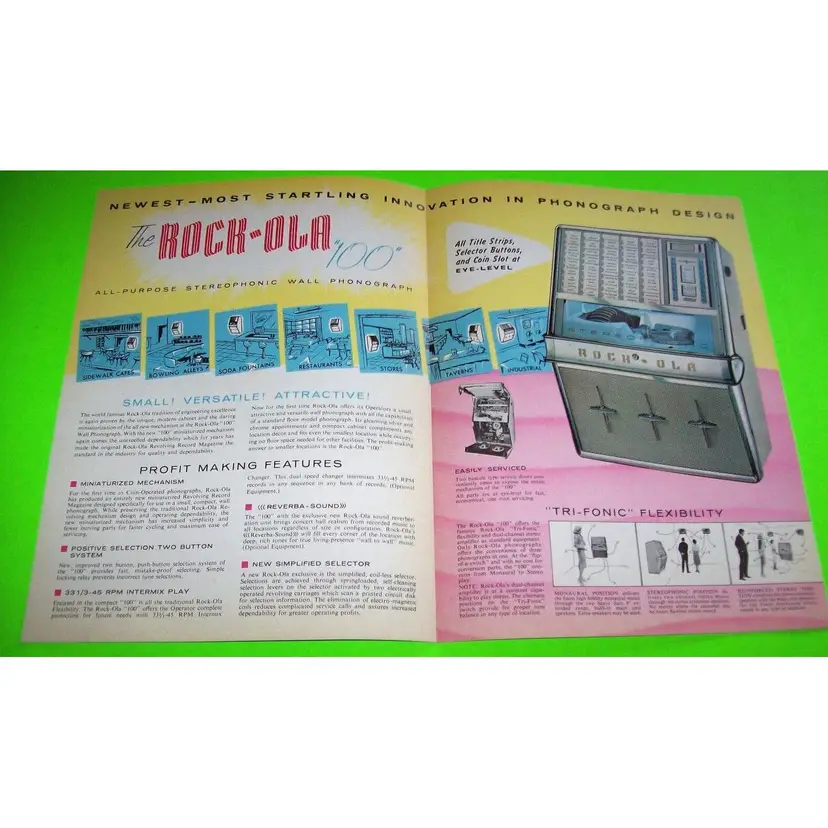 Rock Ola 1484 WALL Jukebox FLYER Phonograph 100 Original 1960 NOS Music Brochure Foldout
