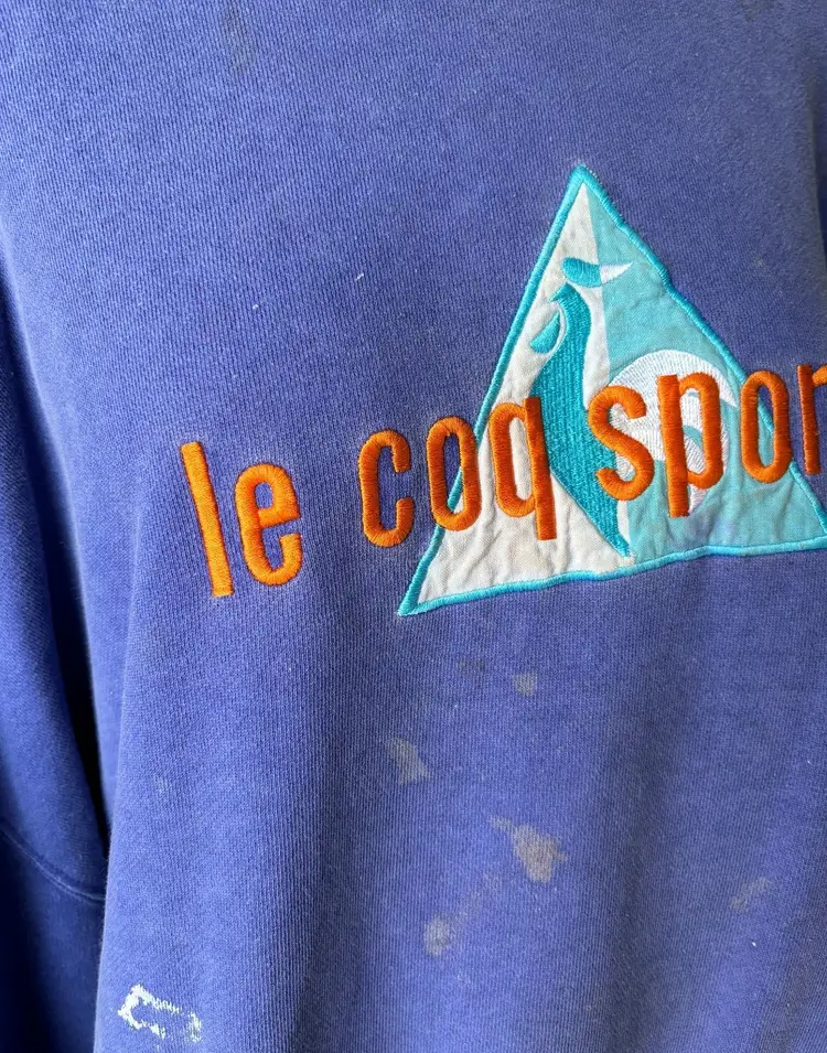 Vintage 80’s Le Coq Sportif Pullover Sweater Purple Faded Embroidered Graphic Size Large Mens Women’s 