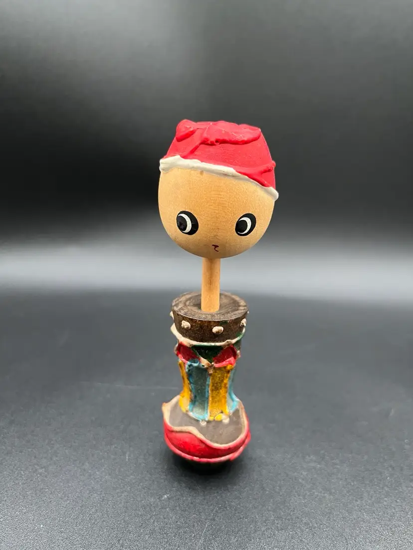 #03 Adorable Hand Painted Japanese Multicolor Wooden Kokeshi Nodder Doll 4.5”