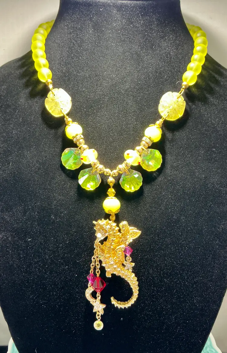 Kirk’s Folly Seahorse Necklace Detachable Brooch Fantasy Charm Necklace Glow Beads AB Crystal Lampwork Glass
