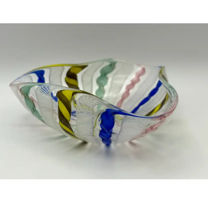 Murano Art Glass Latticino Ribbon Trinket Bowl Dish 