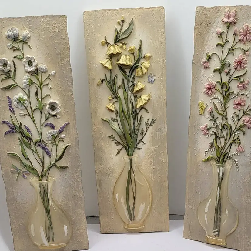 Vintage Floral Relief Cheri Blum Wall Art Trio by 3 pieces 8 1/2" x 3"