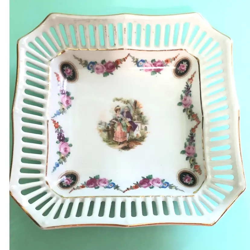 Small Square Trinket Dish Courting Couple Scene Marked Germany Rose Floral Swag Reticulated