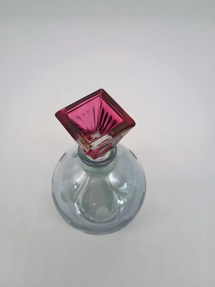 SC Line Crystal Italian Art Glass Etched Polka Dot Perfume Bottle Light Blue with Cranberry Red Stopper