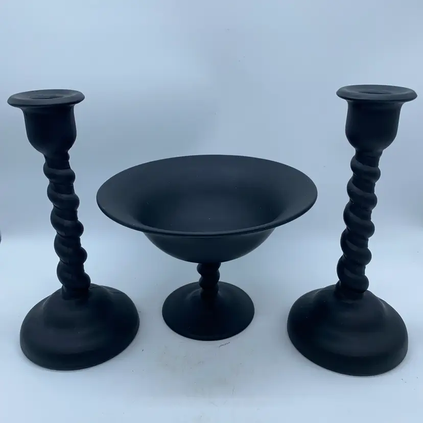 #0605 Tiffin black satin glass compote and matching candlesticks with spiral stems.