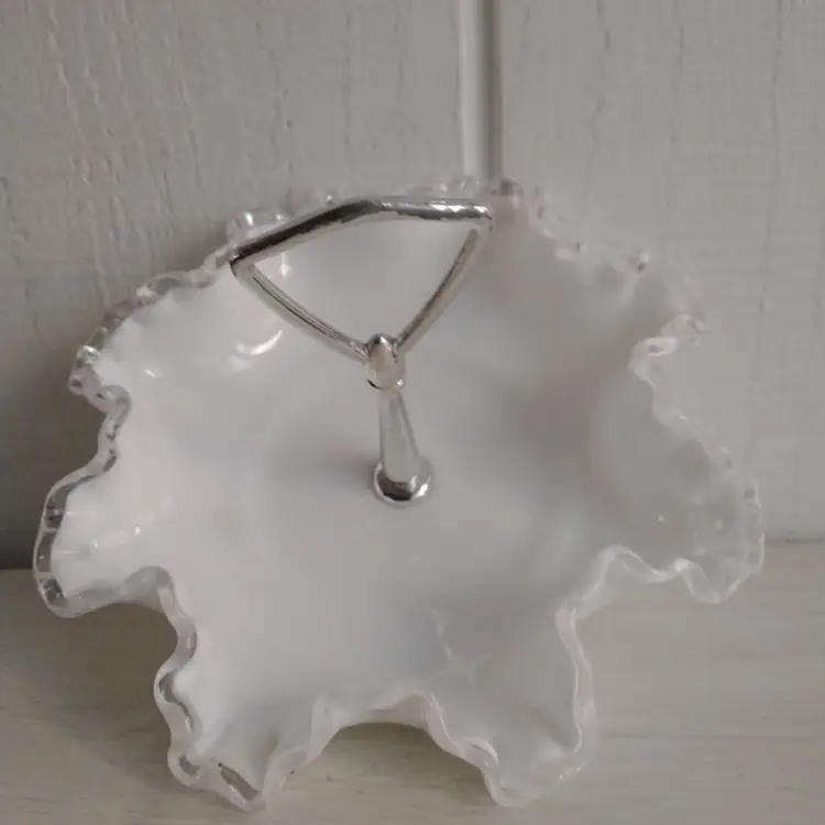 Vintage Fenton White Milk Glass Crystal/Silver Crest Round Tidbit Serve Bowl