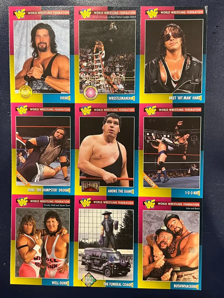 1995 WWF Magazine Uncut Card Sheet # 1-9 Andre The Giant, Bret Hart, Diesel, Bushwhackers