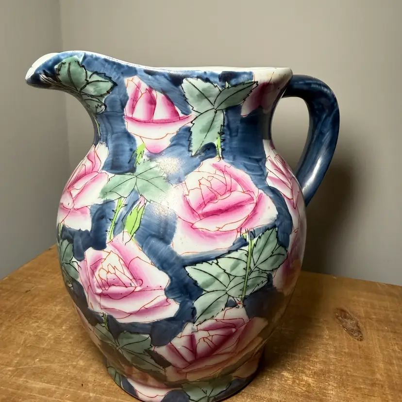 Floral Ceramic Pitcher Pink Roses on Blue