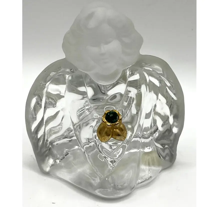 Fenton Art Glass Angel Figurine Frosted Head Green Birthday Rhinestone May 3.2 in Height