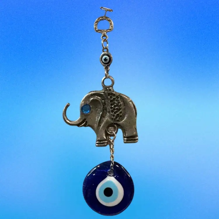 Hand Forged Elephant pendant with large Glass Nazier Bonkook  Watchful eye