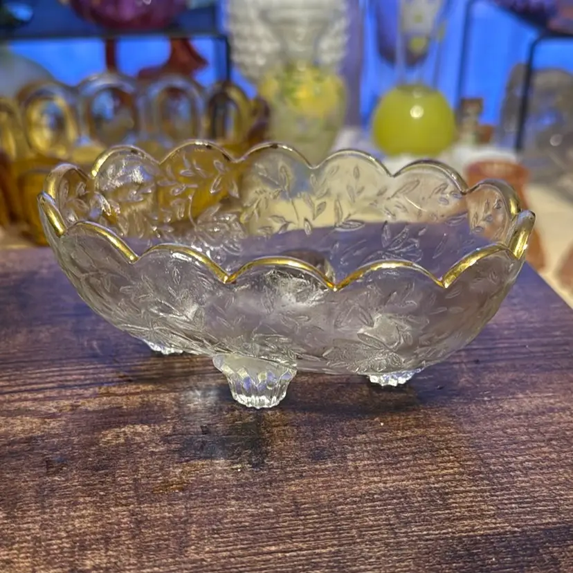 Vintage Jeannette Glass Louisa Pattern Candy Dish With Gold Trim