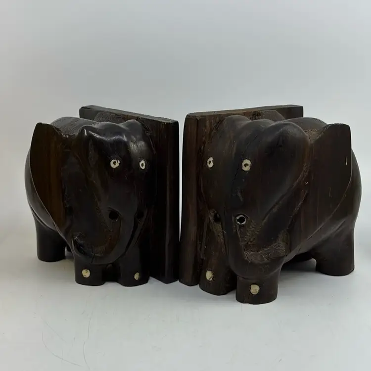 Carved Wooden Elephant Bookends As Is 4H 4W