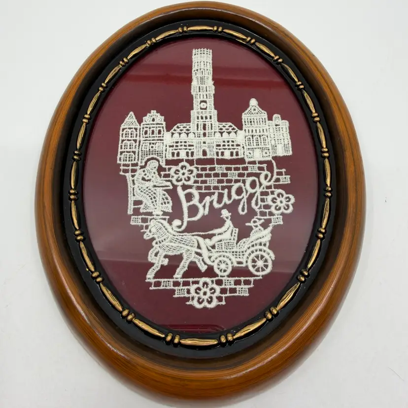 VTG Framed handmade Brugge Lace Art Horse Drawn Carriage on velvet background