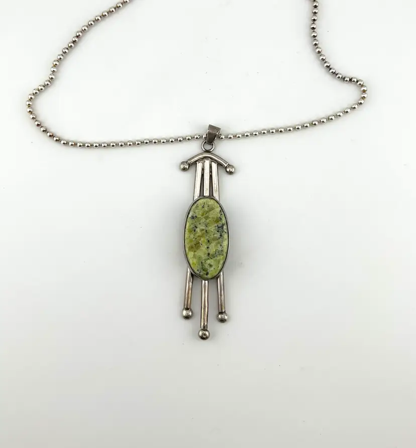 Vintage Sterling Silver and Gaspeite Artisan Made Pendant Necklace on Italian Sterling Ball Chain 17”