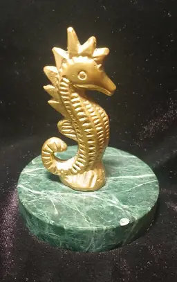 Vintage Brass Seahorse on Green Marble Basr